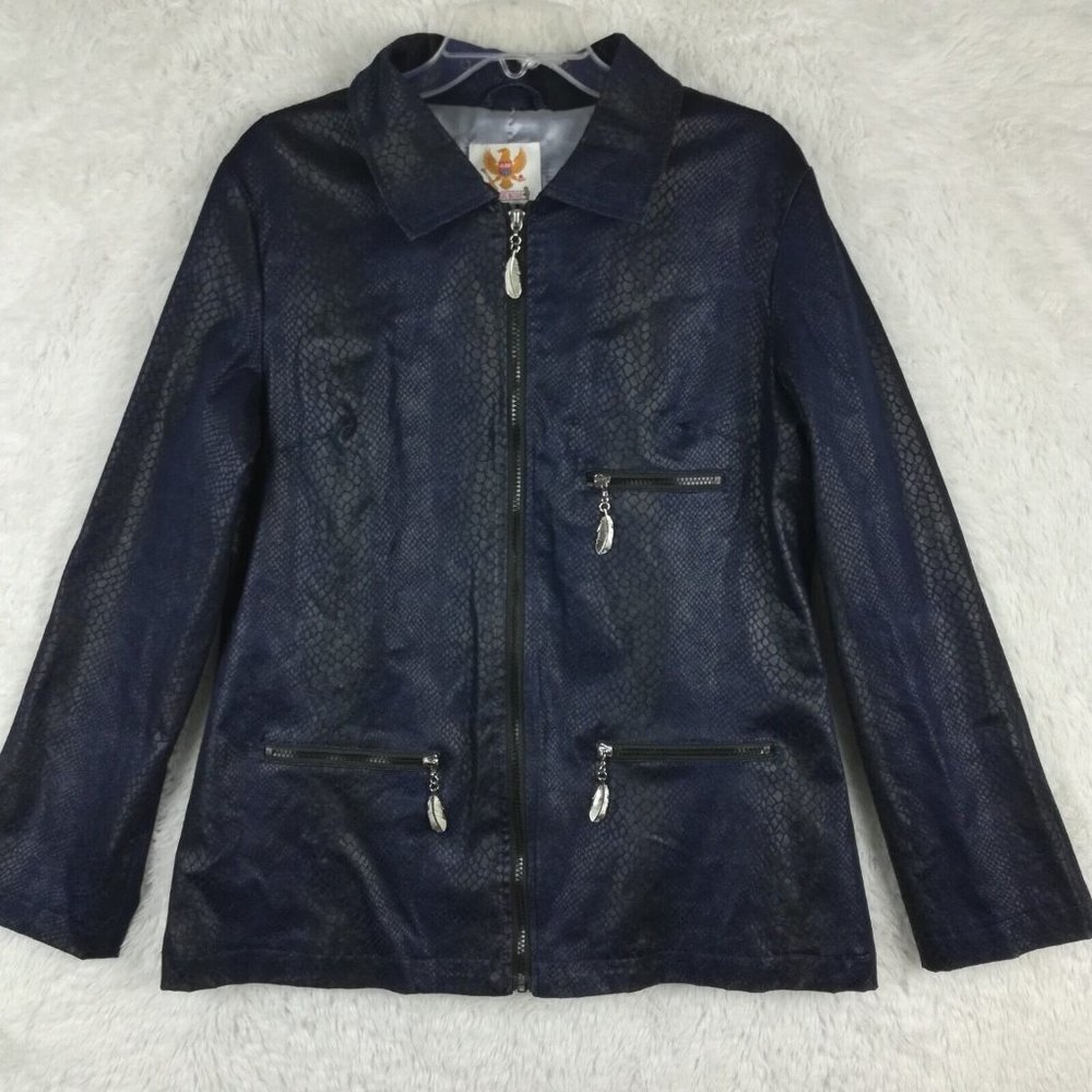 Ameri Mode Womens Jacket Snakeskin‎ Blue Black Zip Front Lined Collar L
